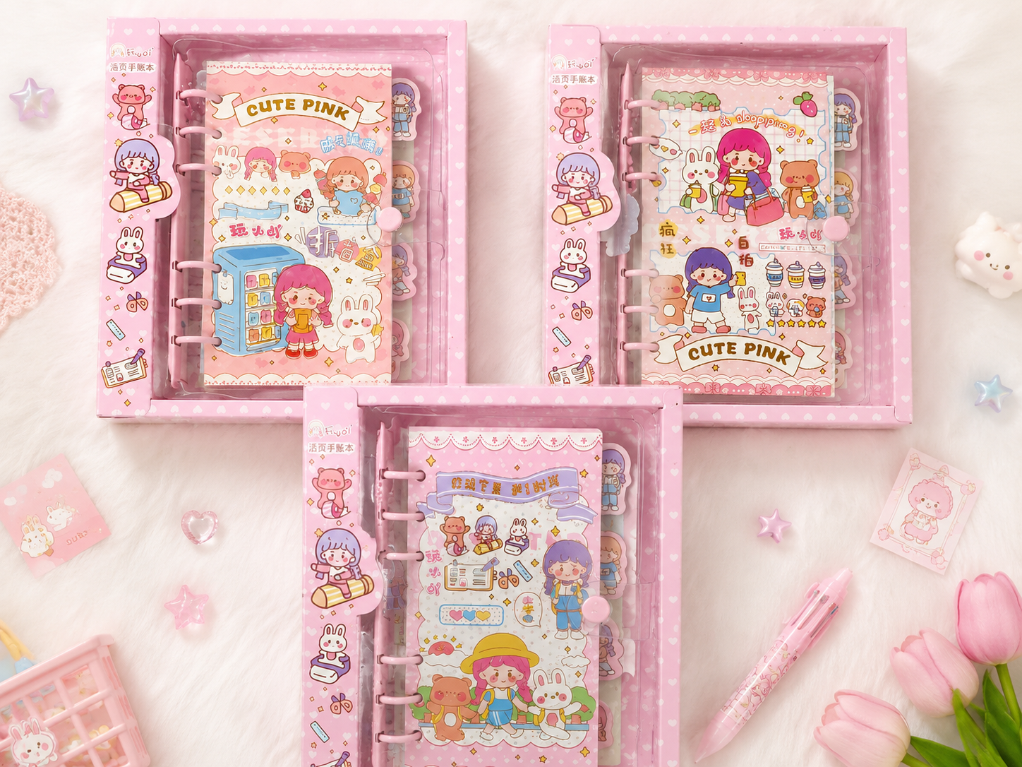 کلاسور مینی شفاف  cute pink+ برگه های طرح دار